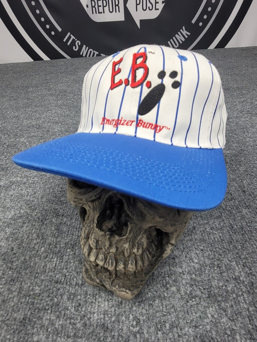 Vintage 1994 Energizer Bunny Hat Snapback White Blue Pinstripes Eveready Battery